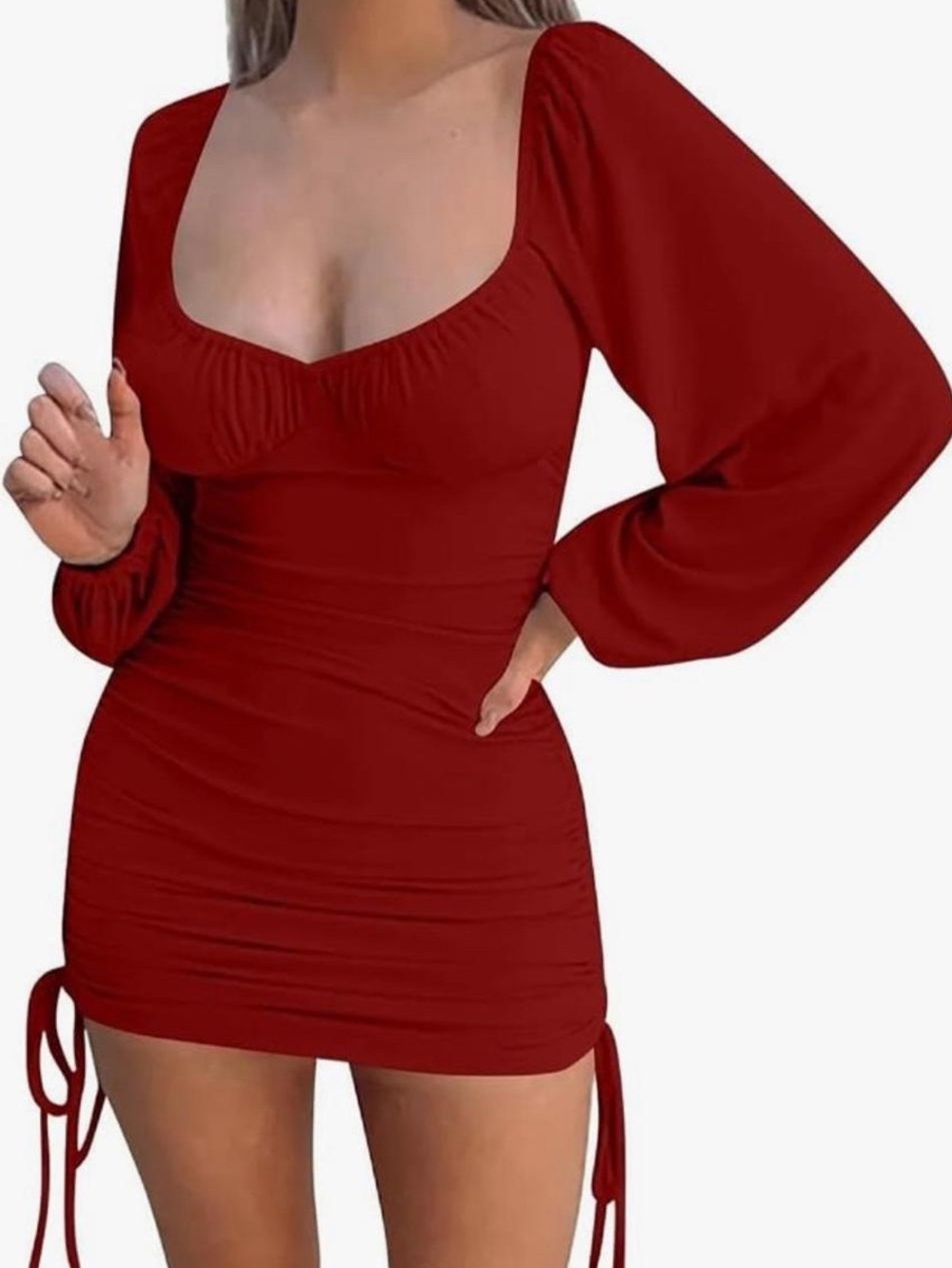 Elegant Red Long-Sleeve Ruched Mini Dress
